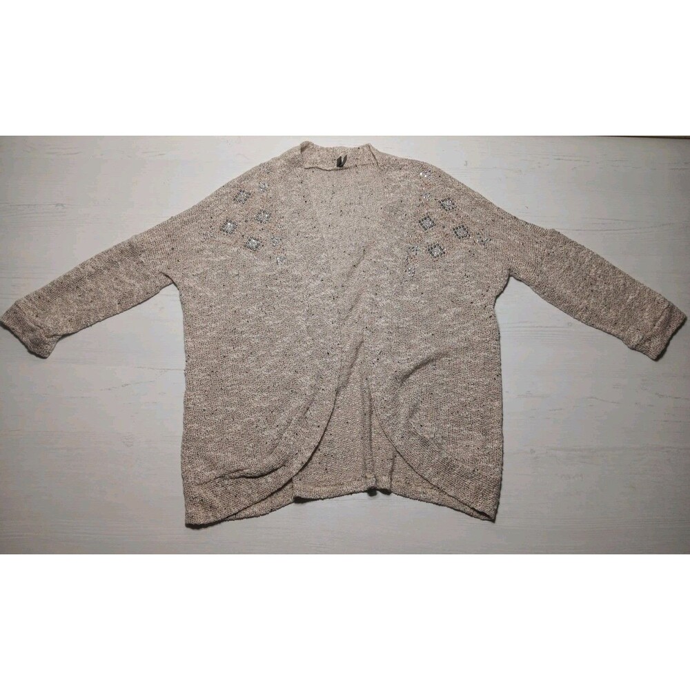 Vanity Rhinestone Cardigan Cream Open Front Long Sleeve Size L Made In USA
